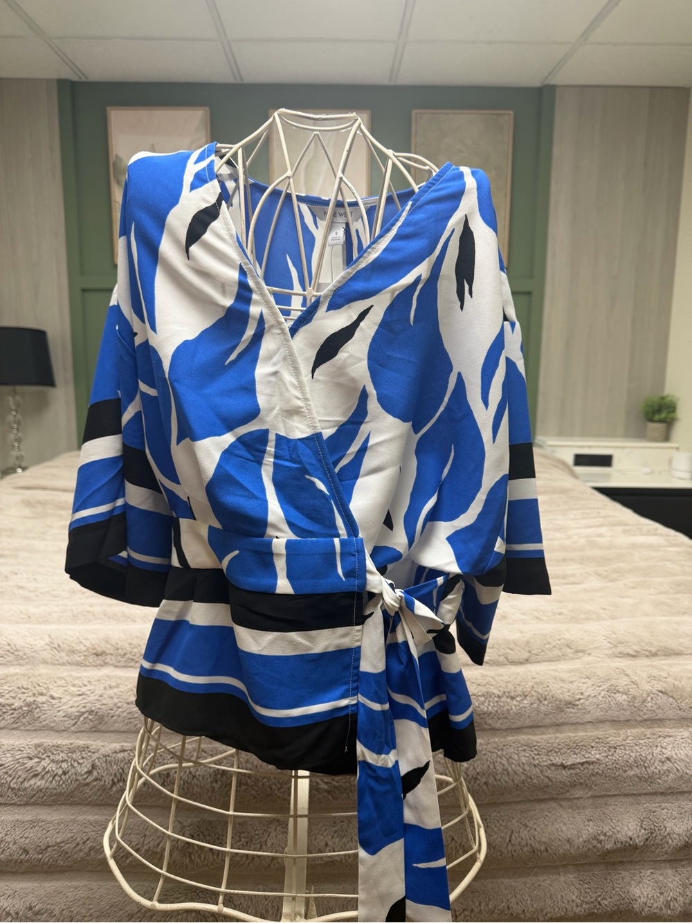 Nine West Blue White and Black Abstract Wrap Top